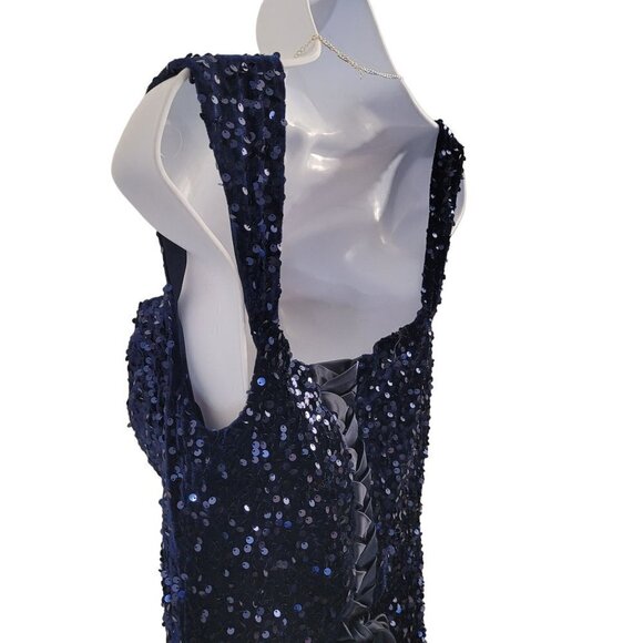 NWT Dark Navy Blue Sequin Evening Classic Sleeveless Corset Back Thigh Slit - Picture 7 of 15